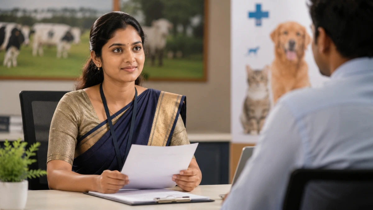 Tamil woman in formal saree attending Veterinary Consultant job interview at Aavin Tiruppur recruitment 2026