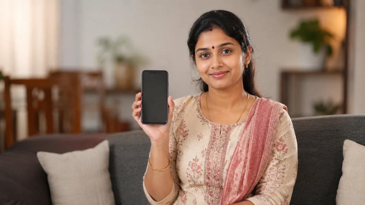 26 வயதுடைய திருமணமான தமிழ் பெண் தனது மொபைல் போனை காட்டிக்கொண்டிருக்கும் காட்சி