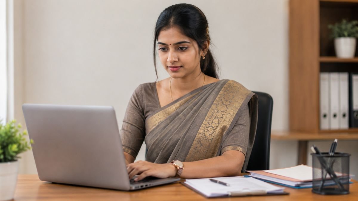 24 வயது தமிழ் பெண் பார்மல் சேலையில் தமிழ்நாடு தேசிய சட்டப் பல்கலைக்கழக வேலைவாய்ப்பிற்கு ஆன்லைனில் விண்ணப்பிக்கும் காட்சி