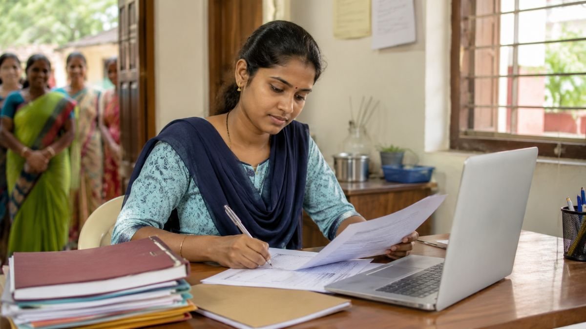 27-year-old Tamil woman applying for Community Bank Coordinator job on laptop with natural human expression