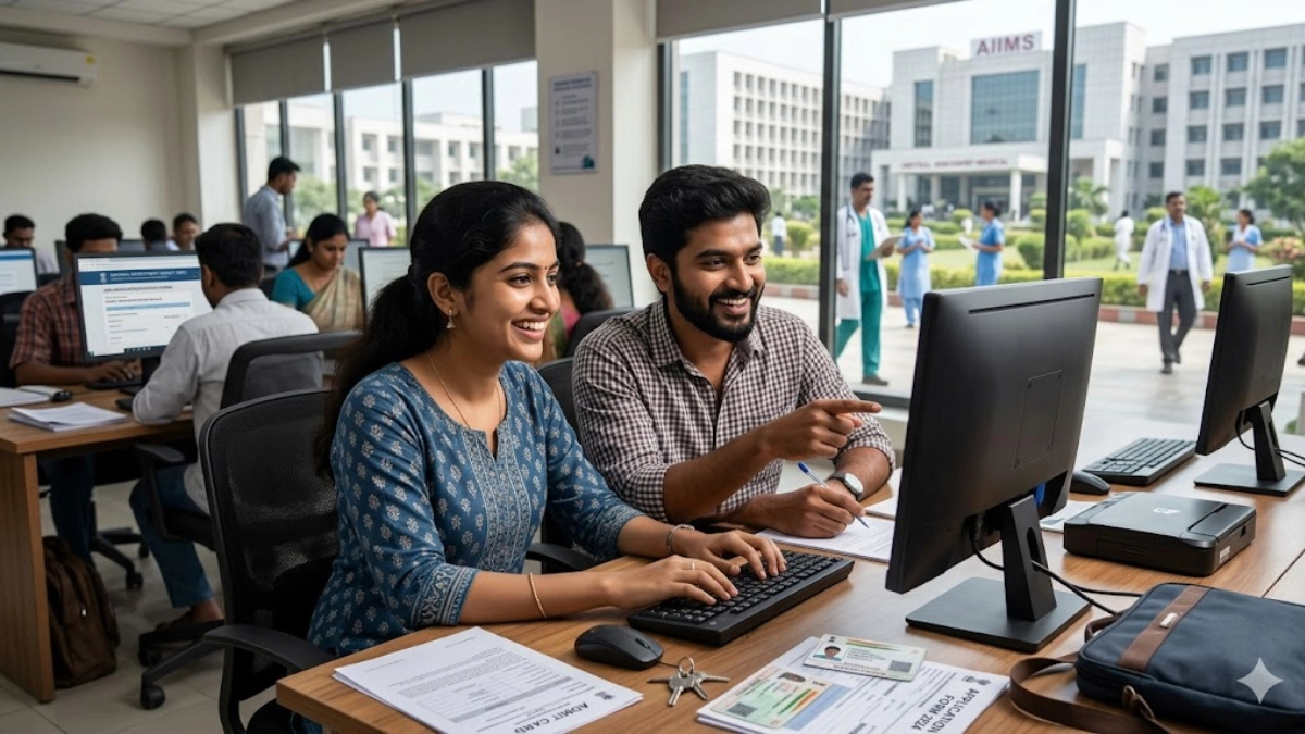 Young South Indian candidates applying online for AIIMS CRE-5 Recruitment 2026 government jobs at a digital browsing center.
