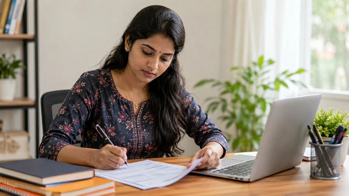 27-year-old Tamil woman applying for Anna University Project Associate and Technical Assistant recruitment 2026 using a laptop and application form
