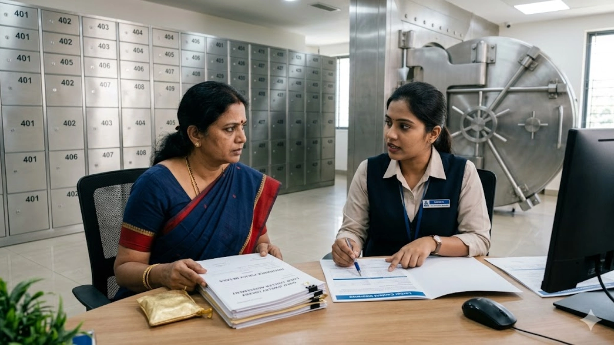 வங்கி லாக்கரில் நகைகள் பாதுகாப்பு மற்றும் காப்பீடு குறித்து ஆலோசனை பெறும் பெண்