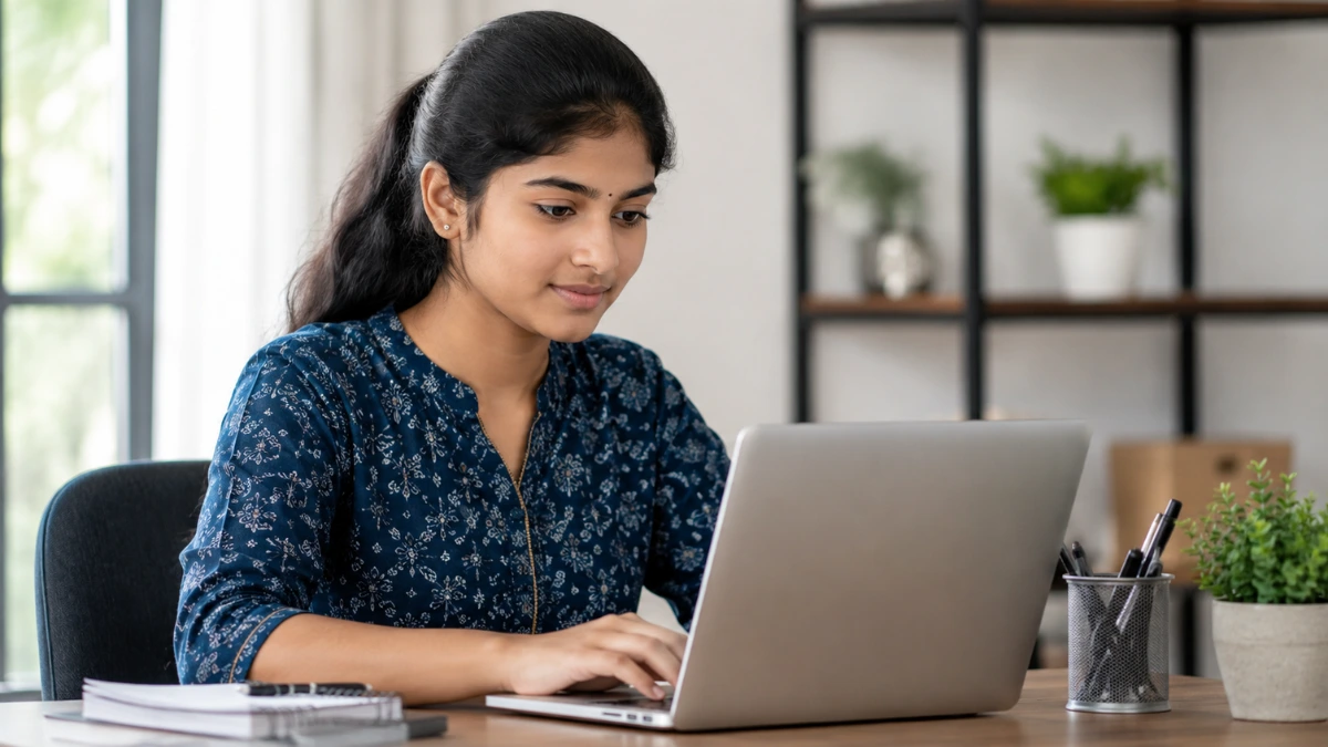 23-year-old Tamil girl applying online for CSIR CECRI Karaikudi Project Associate Recruitment 2026 using laptop