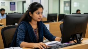 24-year-old South Indian woman applying online for Project Assistant recruitment at Central University of Tamil Nadu from a digital browsing center