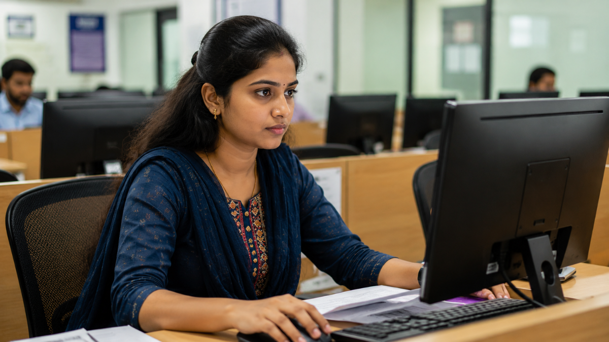24-year-old South Indian woman applying online for Project Assistant recruitment at Central University of Tamil Nadu from a digital browsing center