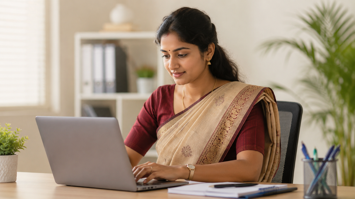South Indian woman in formal saree applying online for FRI Recruitment 2026 government job