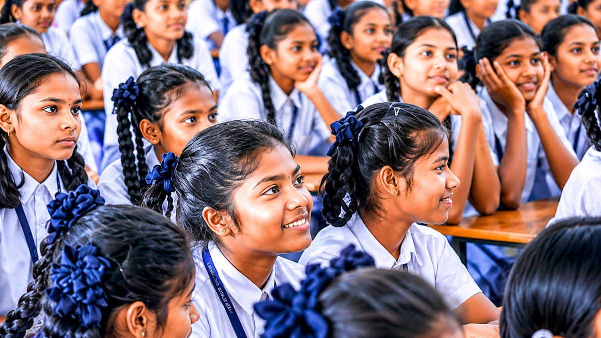 Tamil Nadu school students attentively listening in a classroom during a school assembly session.