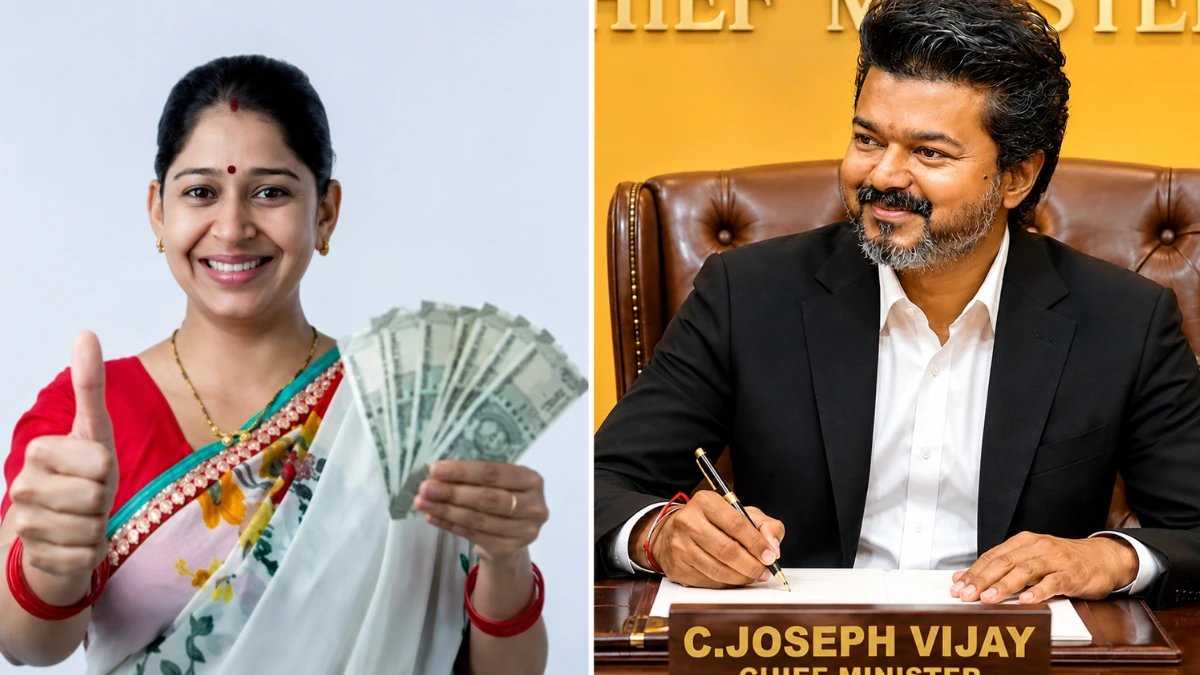 பண உதவியுடன் மகிழ்ச்சியாக இருக்கும் பெண் மற்றும் தமிழக முதலமைச்சர் அலுவலகத்தில் கையெழுத்திடும் காட்சி