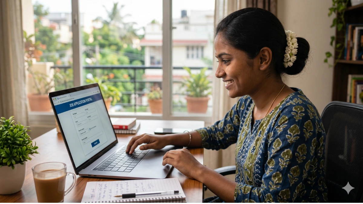 A 24-year-old Tamil girl smiling while applying online for the NIOT Chennai Notification 2026 recruitment on her laptop