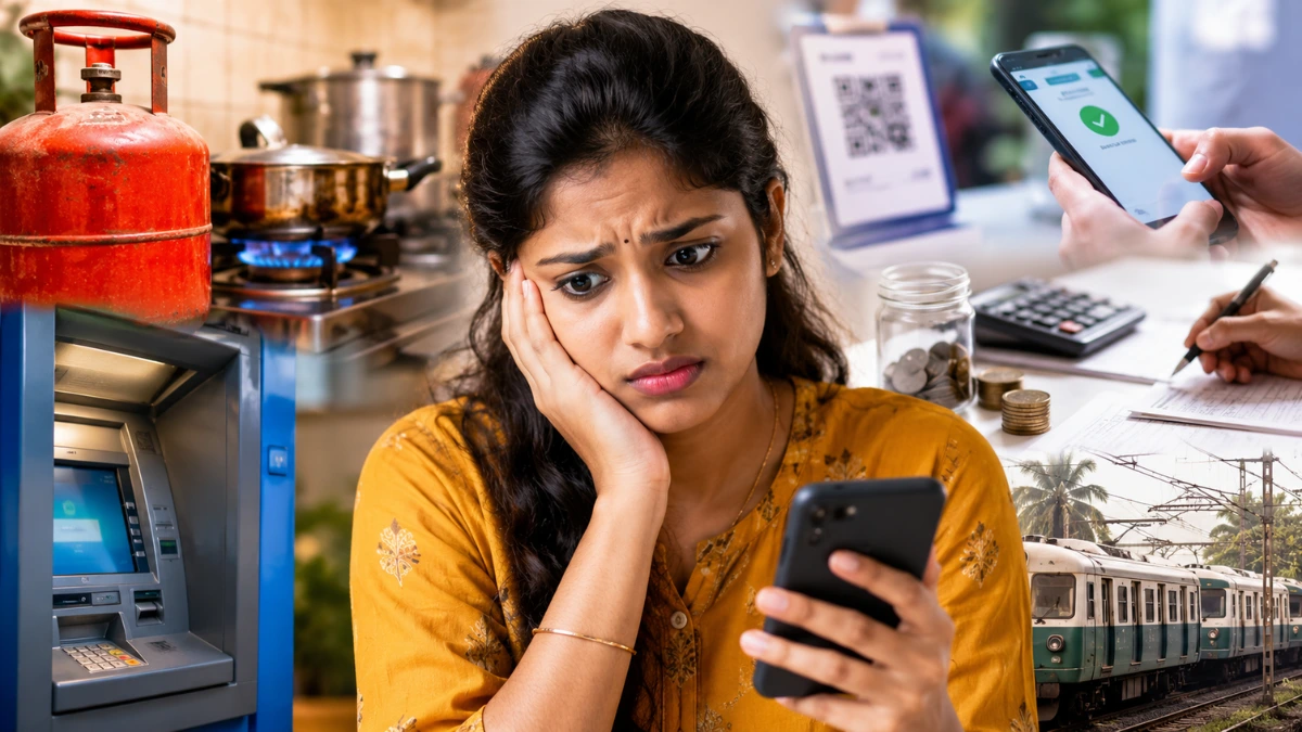 Tamil woman reacting to new June 2026 rules affecting LPG, UPI, ATM and income tax services in India