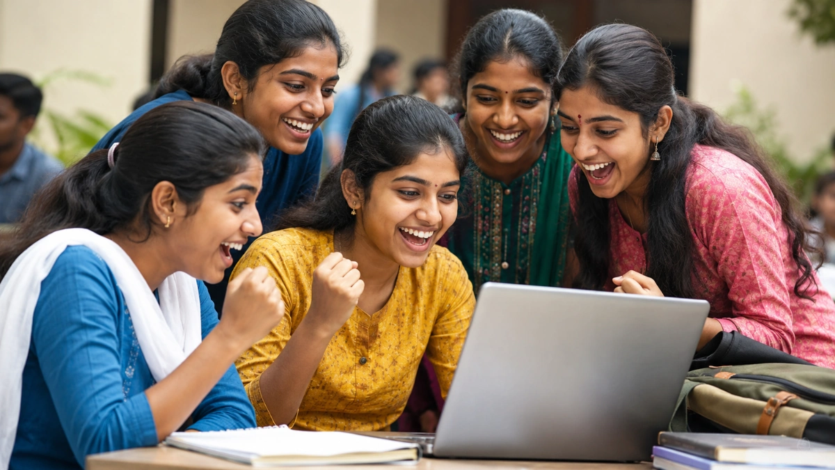 Young Tamil women happily checking job opportunity updates and celebrating the ₹15,000 PM VBRY incentive scheme for first-time employees in India