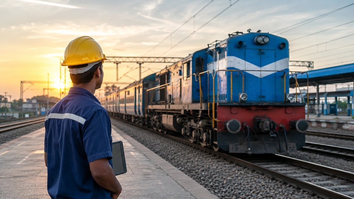 Indian Railway technician standing near a train at a railway station representing Railway Recruitment 2026 government job vacancies.