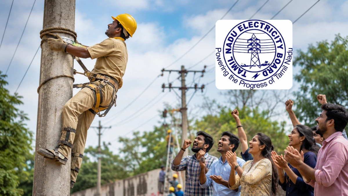 Tamil Nadu Electricity Board field assistant candidate climbing an electric pole during physical fitness test while people react with excitement.